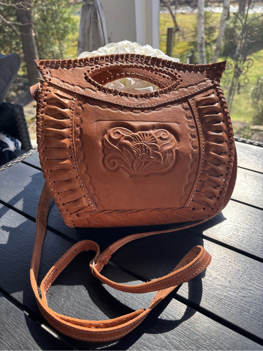 Hand-Tooled Leather Crossbody Bag in Brown
